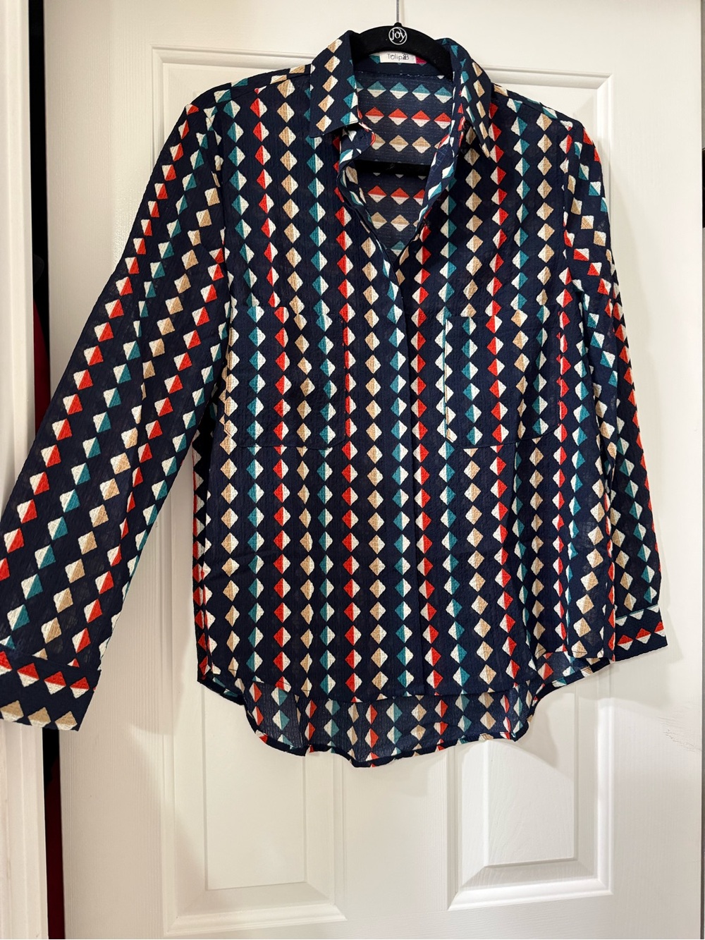 Tulip B Geometric Diamond Print Navy Button-Down Blouse - Small